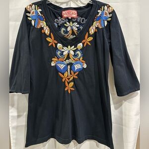 Johnny Was Boho Black Blouse with Multicolor Embroidery XL